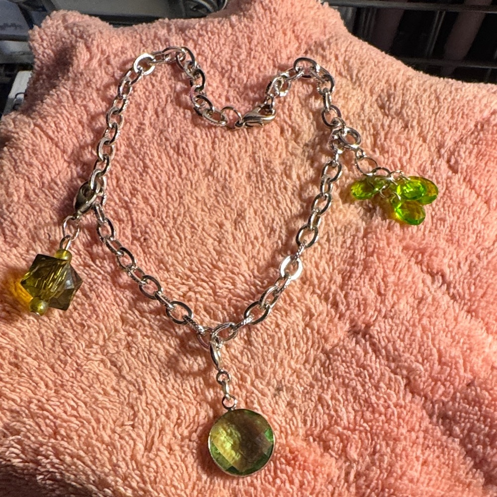 Silver and Green Charm Bracelet 10”
